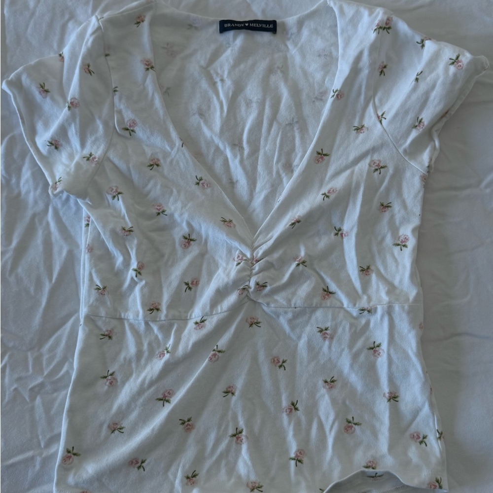 Floral White Brandy Melville V-neck top
